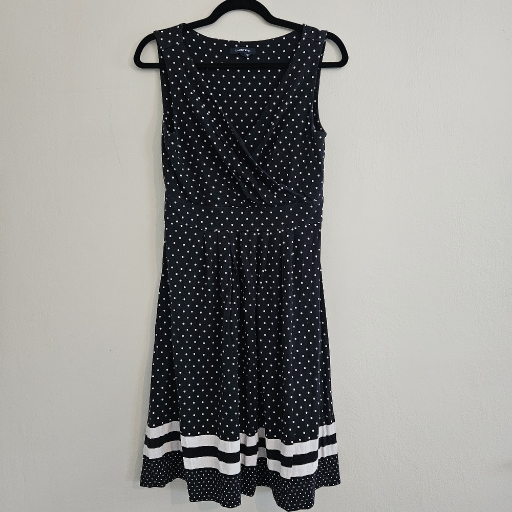 Lands' End Navy Blue Black Sleeveless V-neck A-line Midi Dress Polka Dots Medium